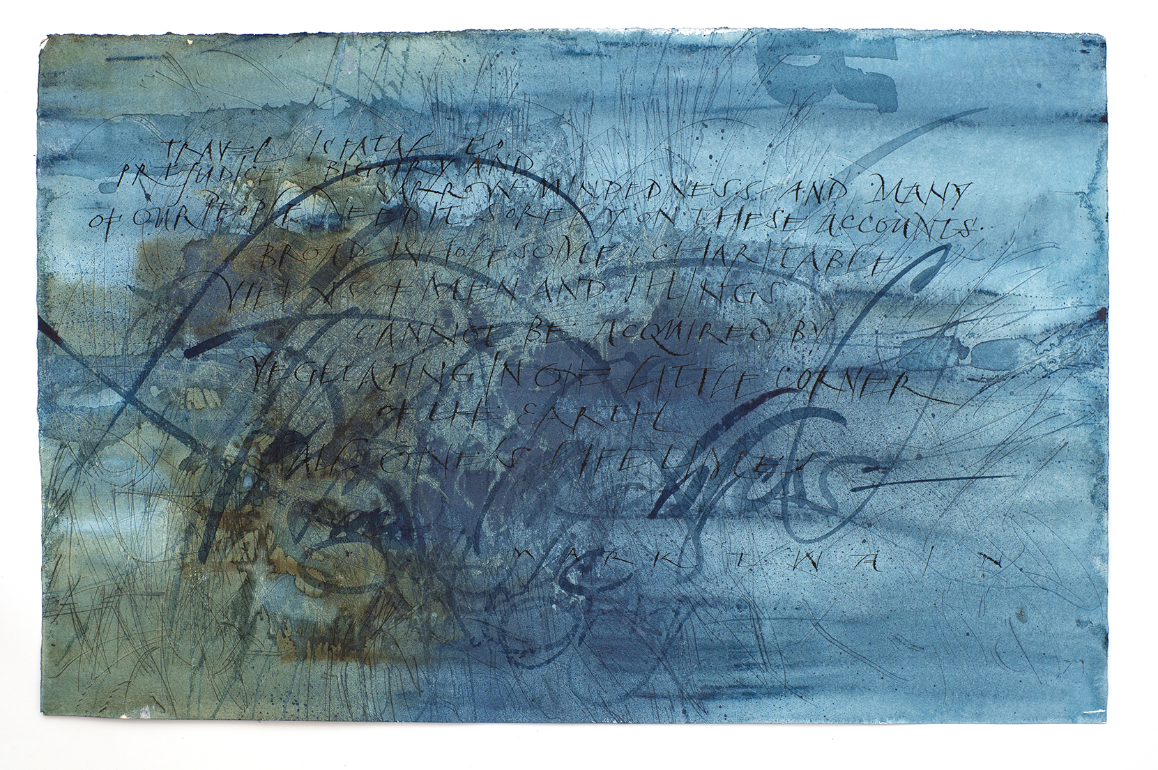 Gestural work on blue and green wash background by Elmo van Slingerland