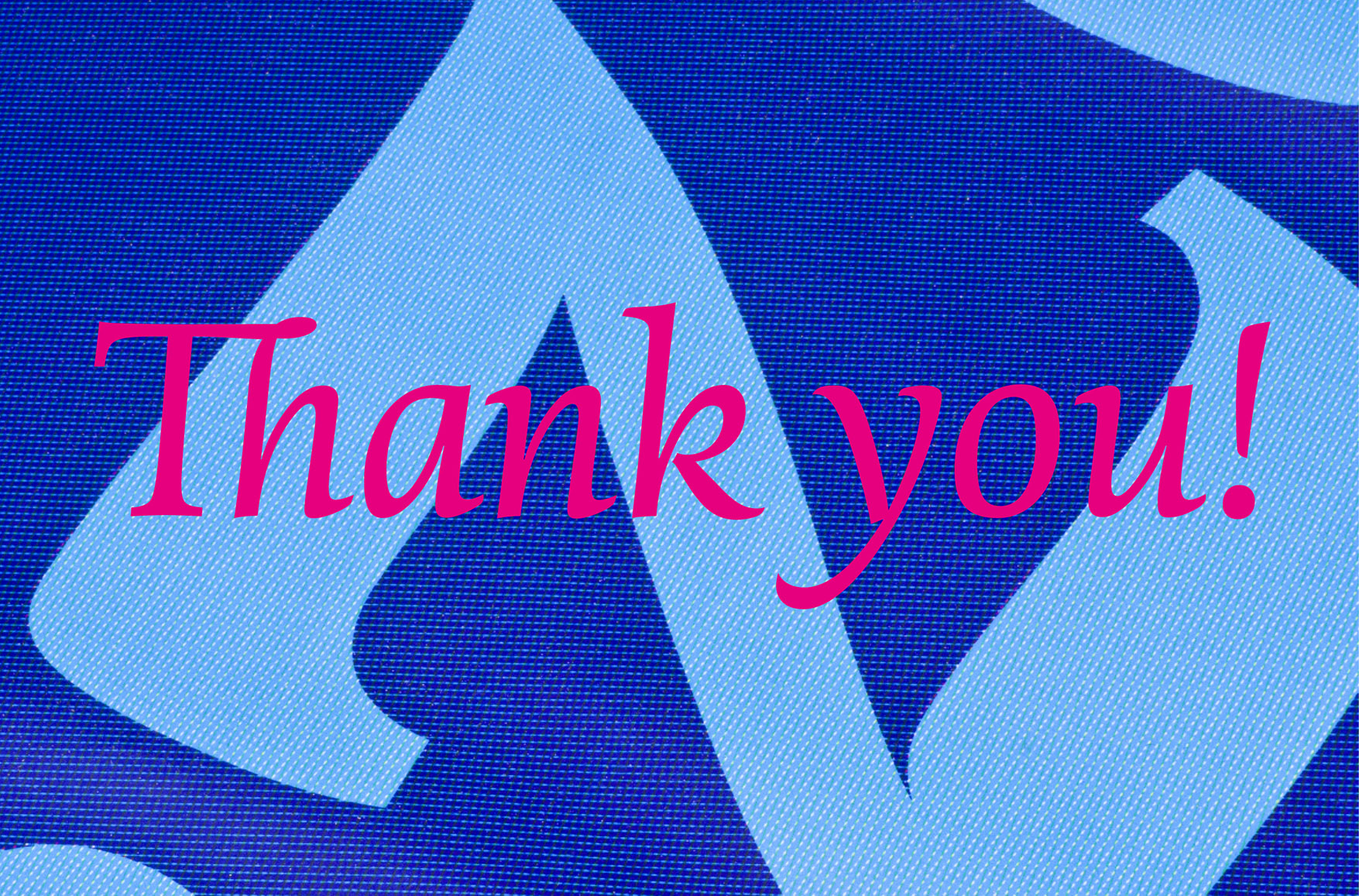 "Thank you!" in red digital lettering on blue graphic background by Elmo van Slingerland